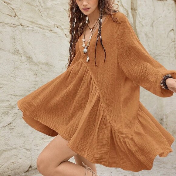 Khaki Boho Women's Lantern Sleeve Back Tie-Up Dress Clothing - Picture 7 of 8